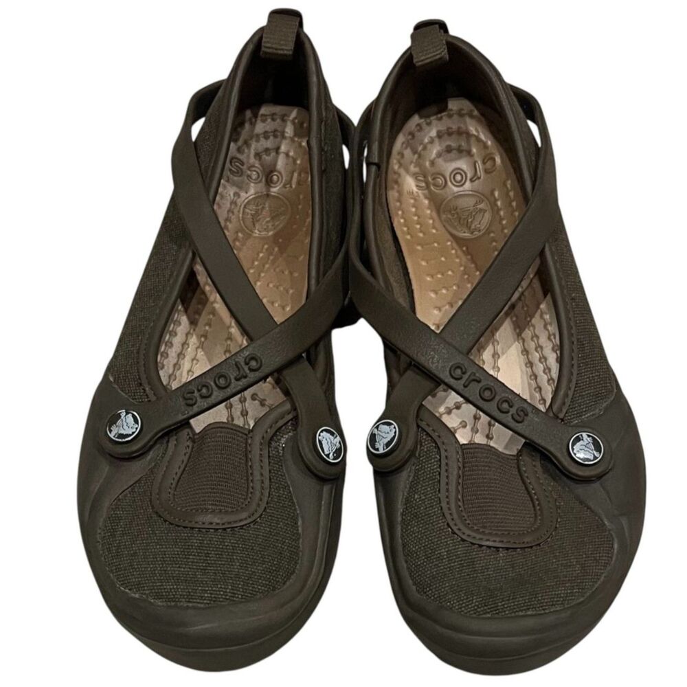 CROCS Womens Celeste Mary Jane Shoes Size 4 Brown Criss Cross Straps Slip On